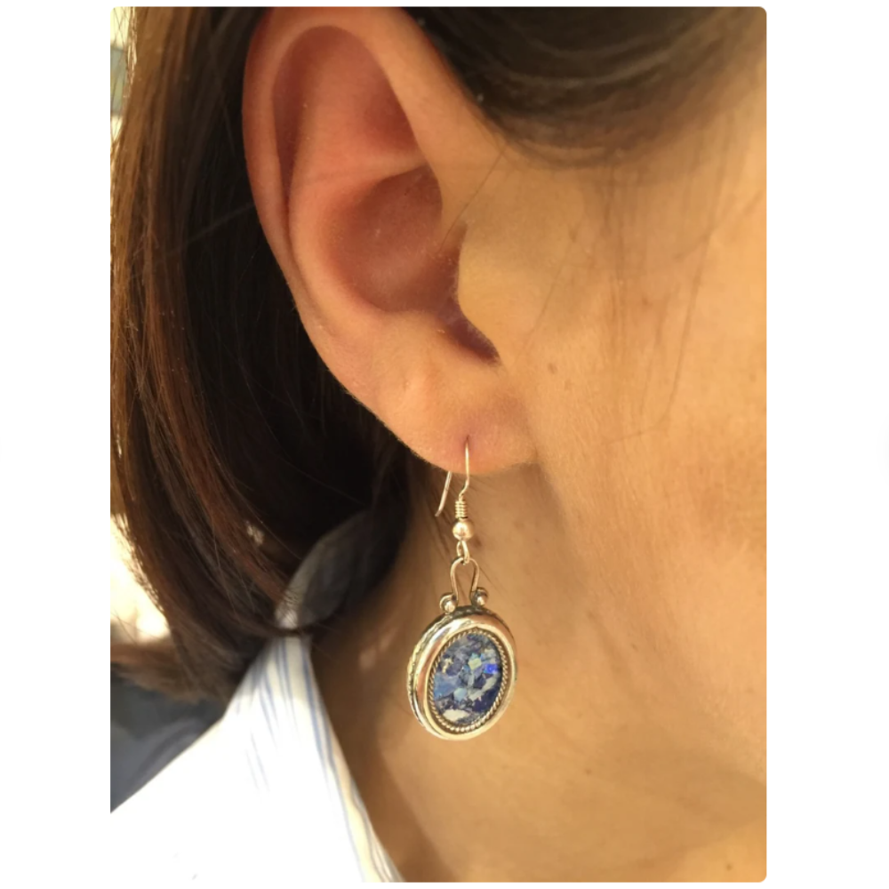 Silver Roman Glass Oval Earrings