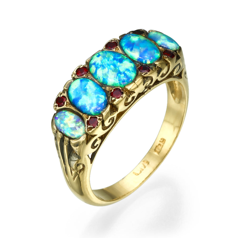 Blue Opal & Garnet Gemstones Filigree 14k Yellow Gold Ring