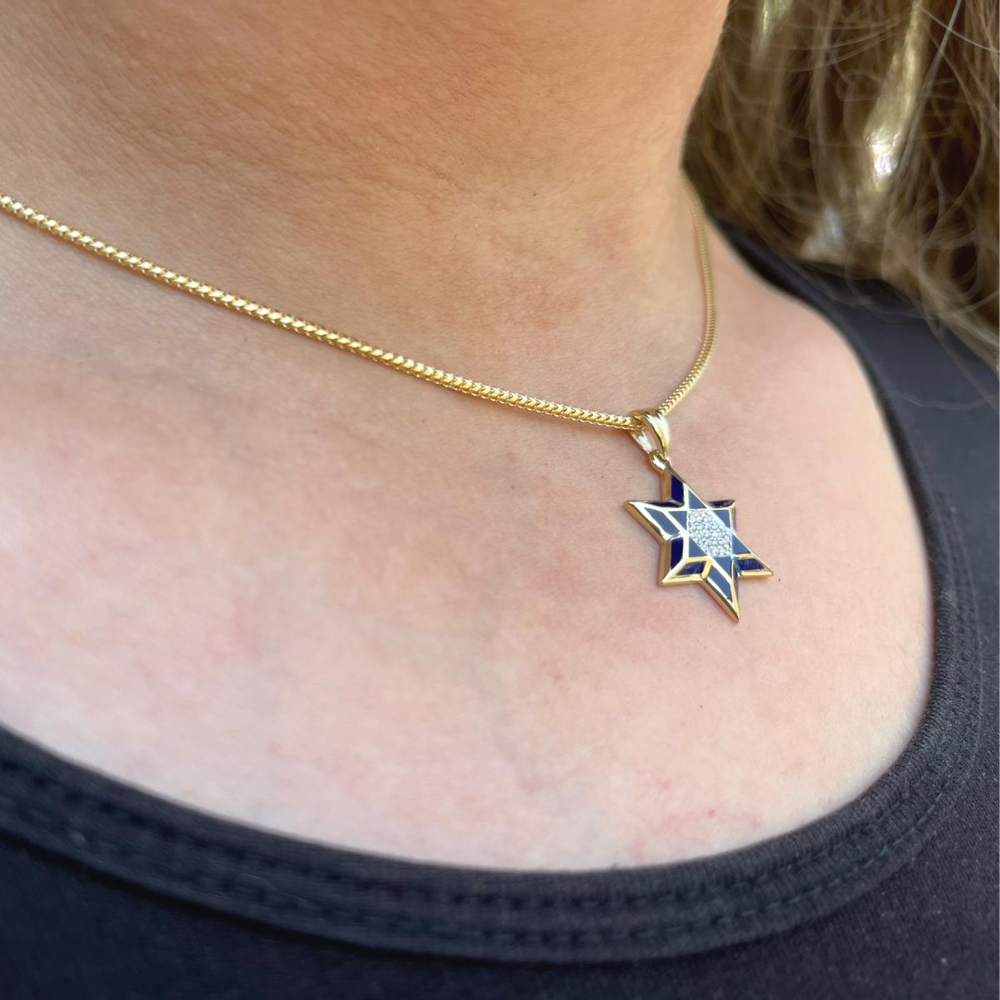Star of David Pendant - 14K Yellow Gold Blue Enamel Diamond Embedded