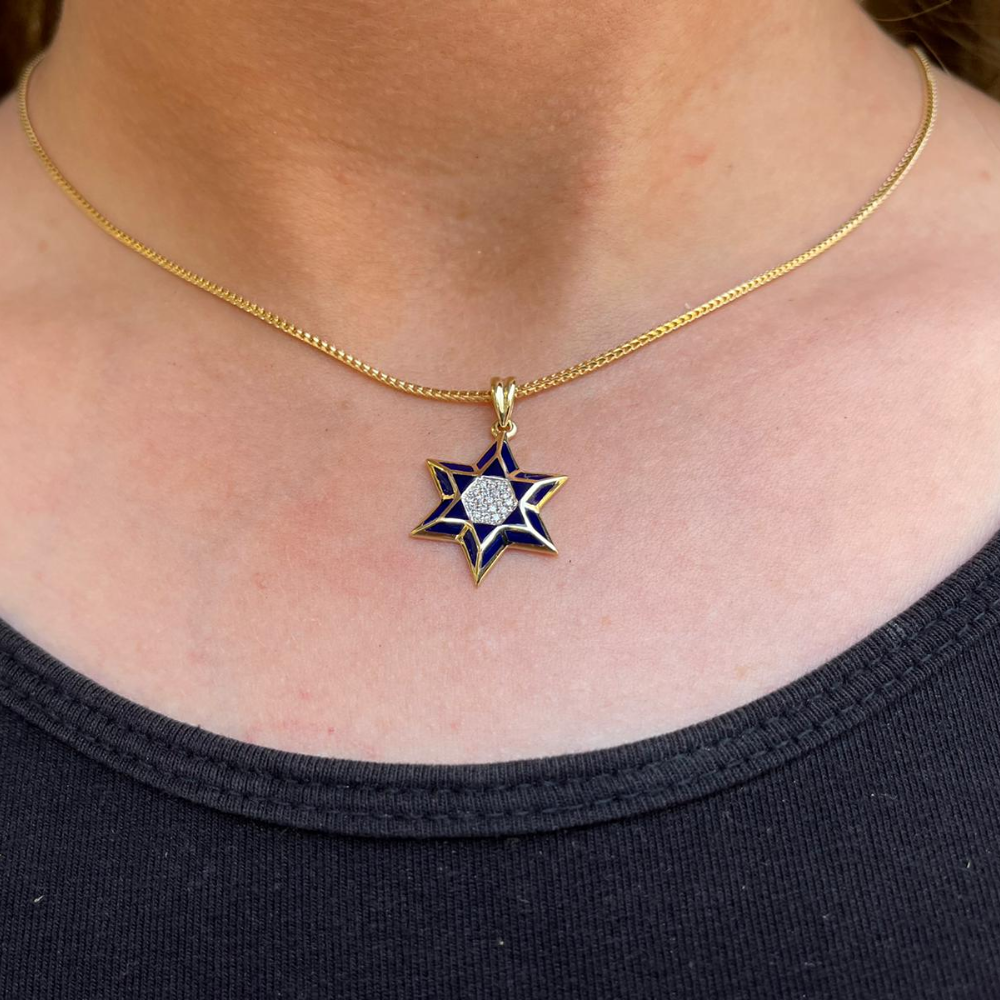 Star of David Pendant - 14K Yellow Gold Blue Enamel Diamond Embedded