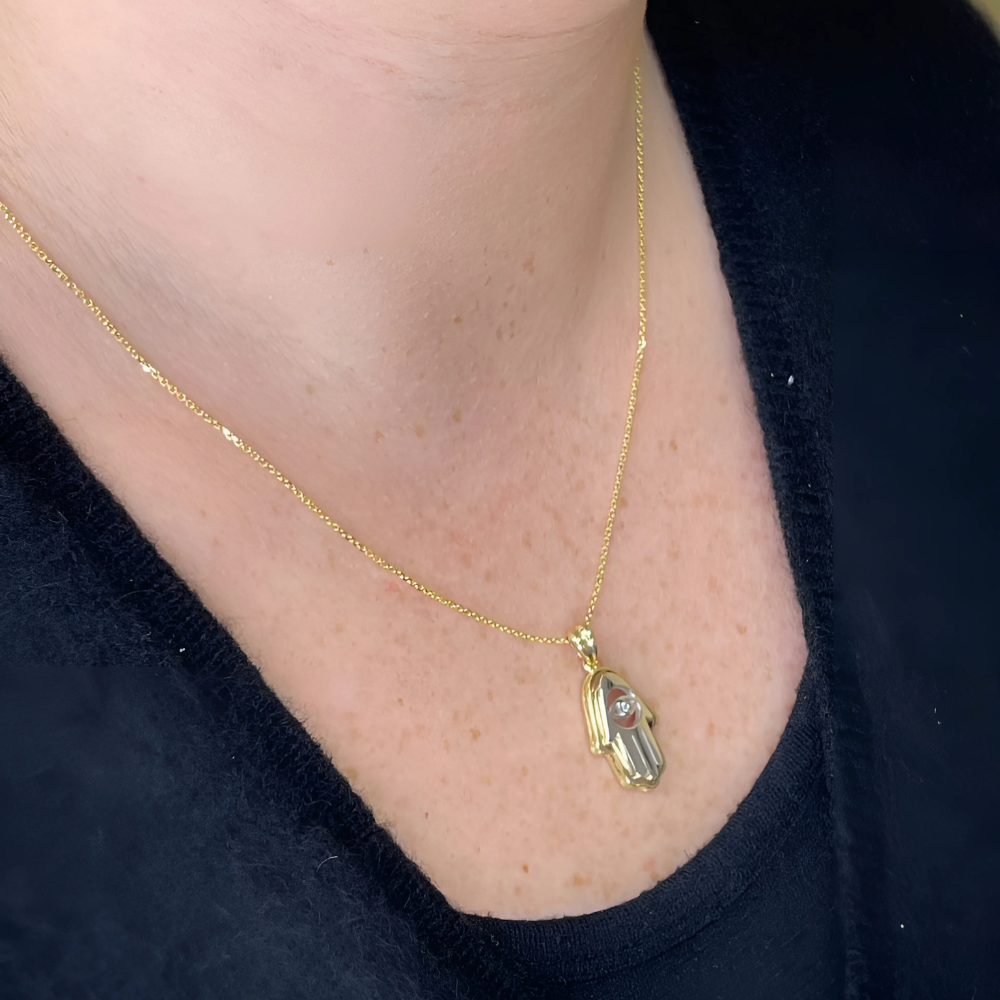Hamsa Evil Eye Pendant in 14K Gold with 0.02 CT Natural Diamond