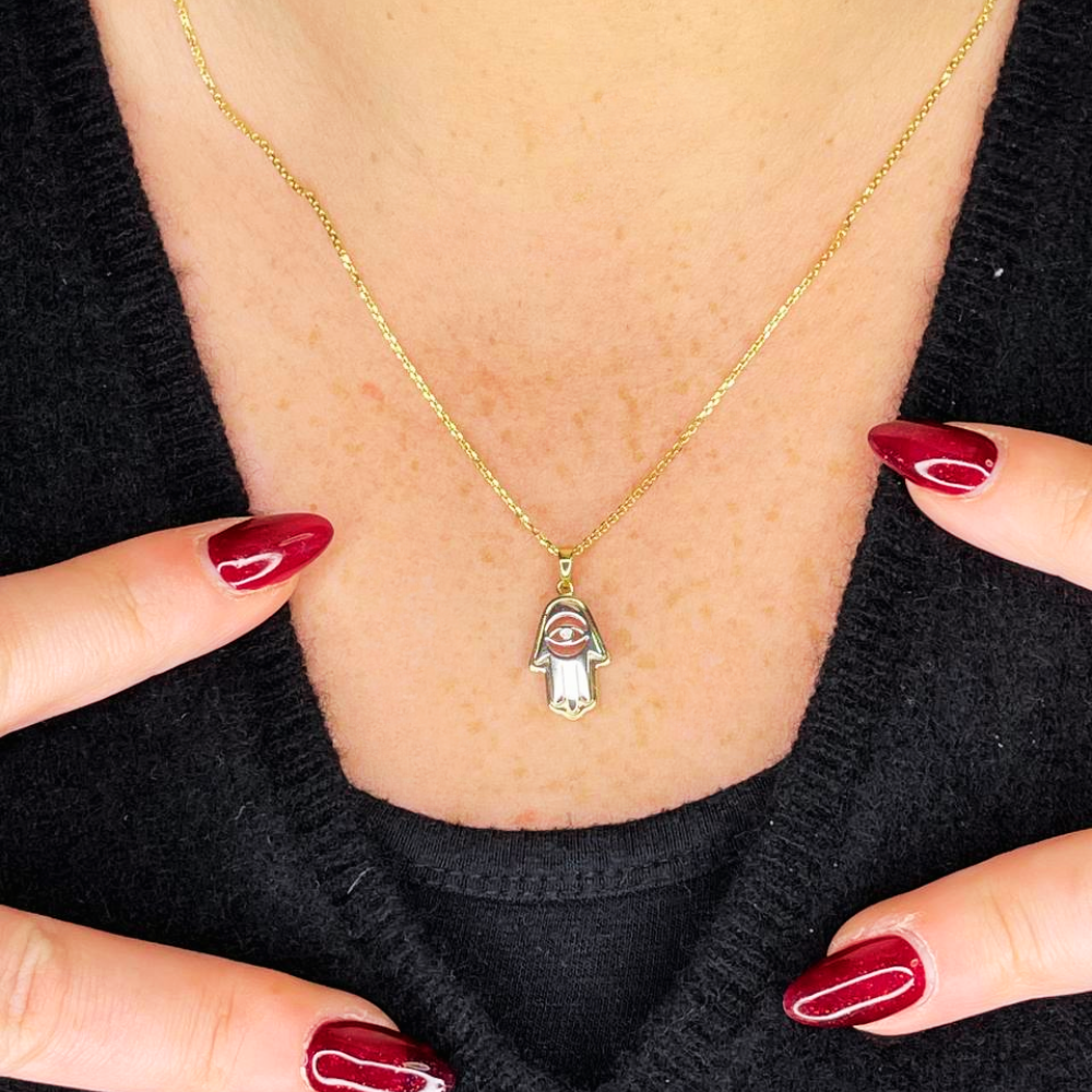 Hamsa Evil Eye Pendant in 14K Gold with 0.02 CT Natural Diamond