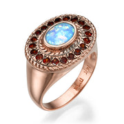 14k Rose Gold Opal Garnet Ethnic Oval Ring