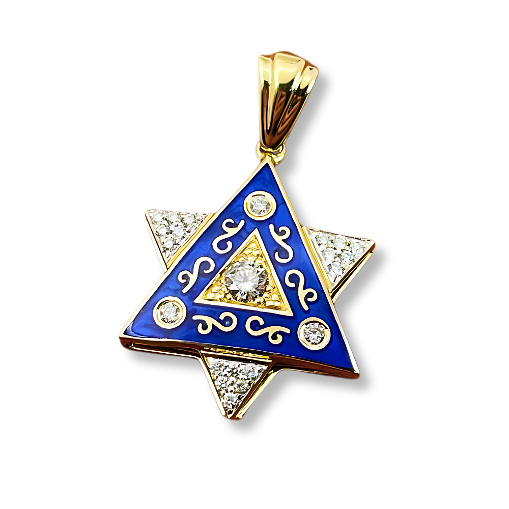 Diamond Star of David Pendant in 14K Gold with Blue Enamel and Designing - 1" Size