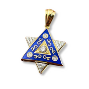 Diamond Star of David Pendant in 14K Gold with Blue Enamel and Designing - 1" Size
