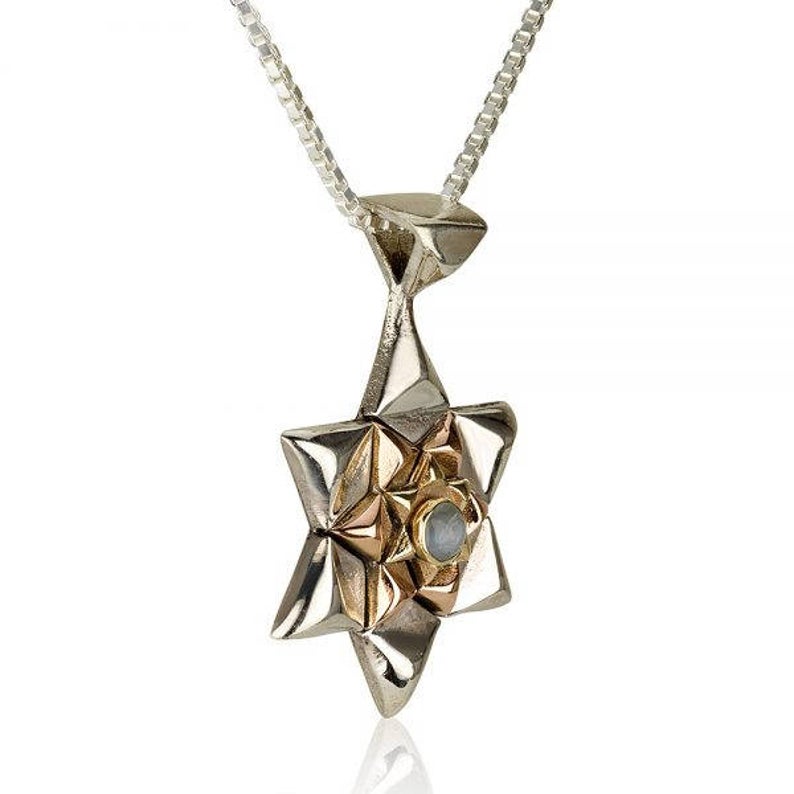 14K Gold and Silver Star of David with Chrysoberyl Kabbalah Pendant Chain Set