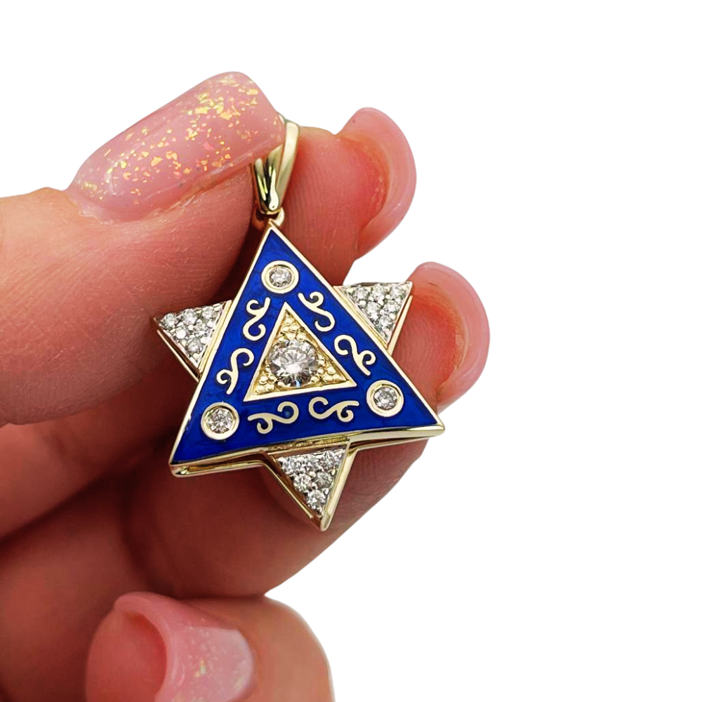 Diamond Star of David Pendant in 14K Gold with Blue Enamel and Designing - 1" Size