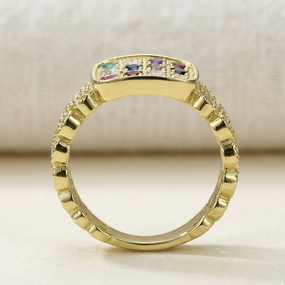 Hoshen Filigree 12 Precious Stones 14k Gold Ring