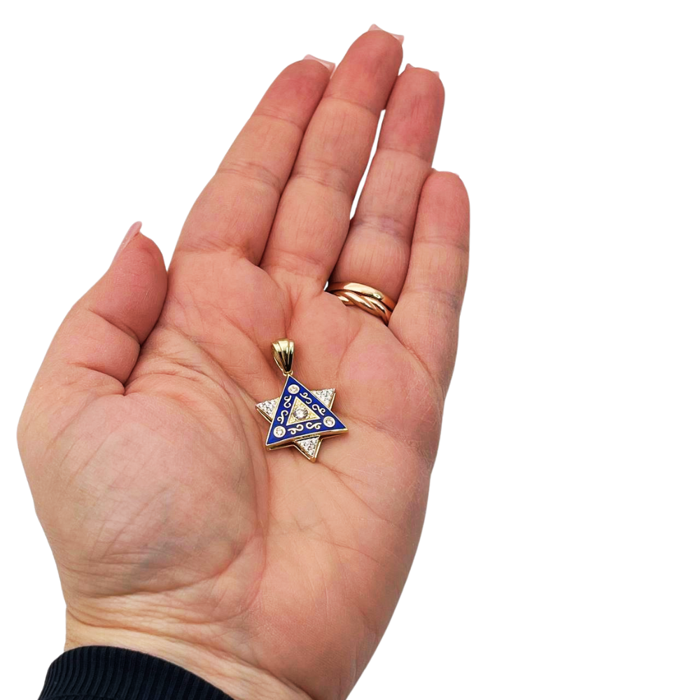 Diamond Star of David Pendant in 14K Gold with Blue Enamel and Designing - 1" Size