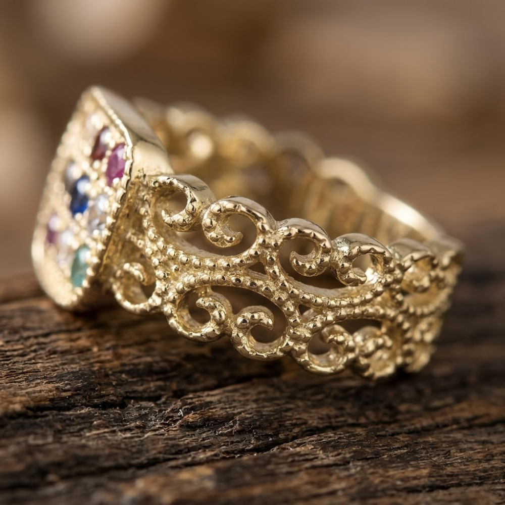 Hoshen Filigree 12 Precious Stones 14k Gold Ring