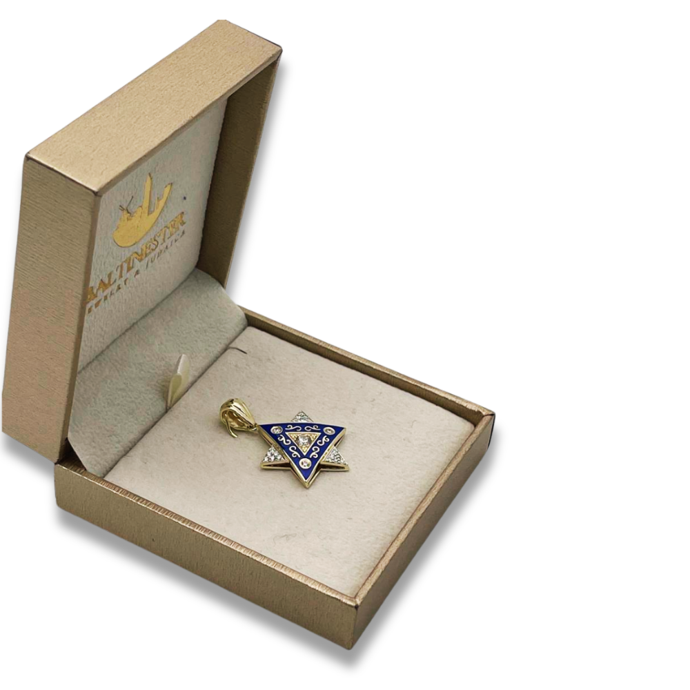Diamond Star of David Pendant in 14K Gold with Blue Enamel and Designing - 1" Size