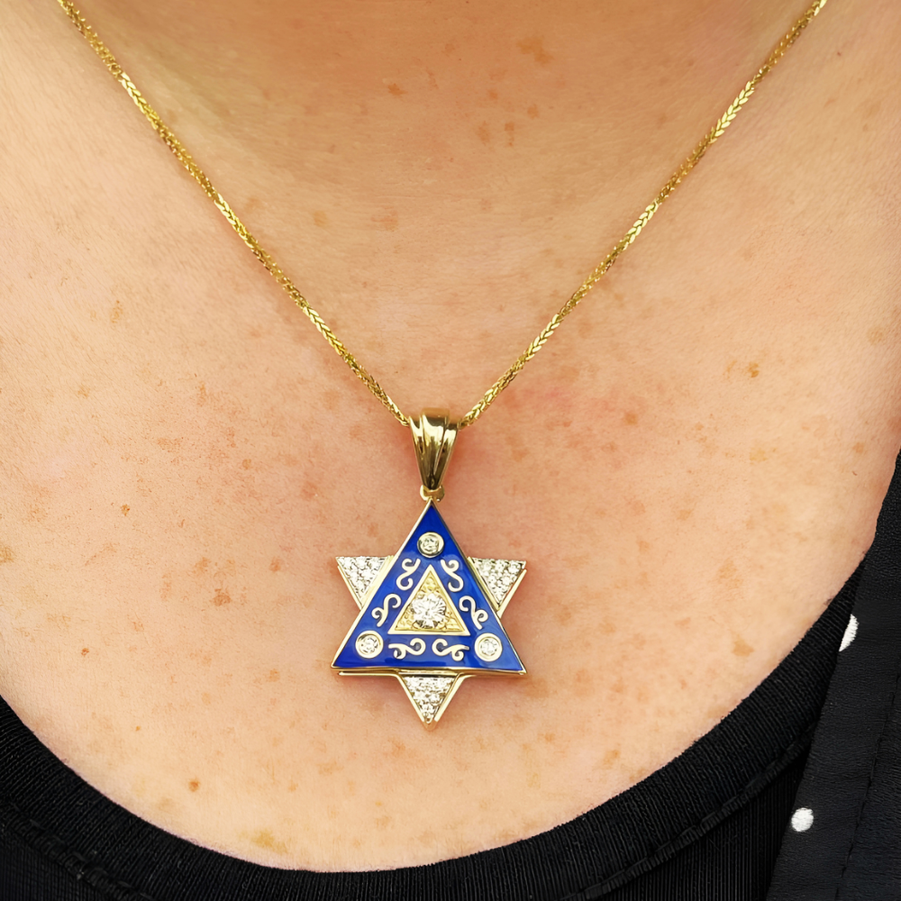 Diamond Star of David Pendant in 14K Gold with Blue Enamel and Designing - 1" Size