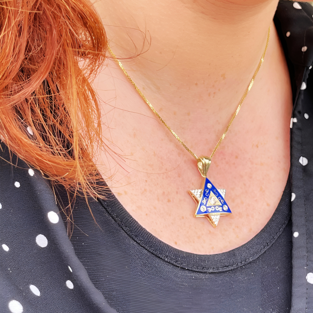 Diamond Star of David Pendant in 14K Gold with Blue Enamel and Designing - 1" Size