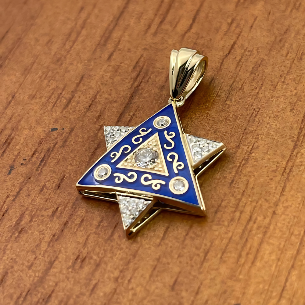 Diamond Star of David Pendant in 14K Gold with Blue Enamel and Designing - 1" Size
