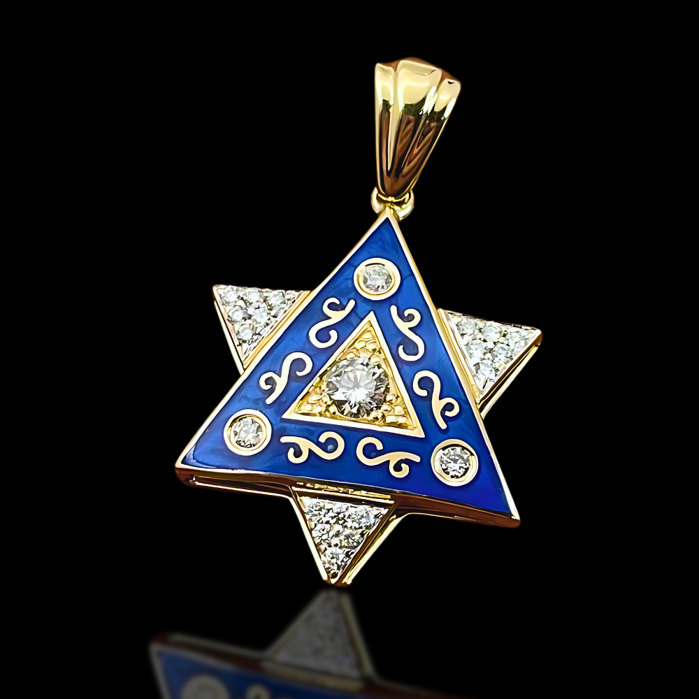 Diamond Star of David Pendant in 14K Gold with Blue Enamel and Designing - 1" Size