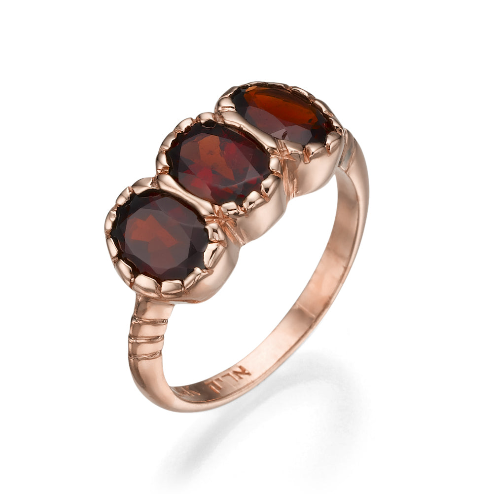 14k Rose Gold Three Stone Garnet Ring