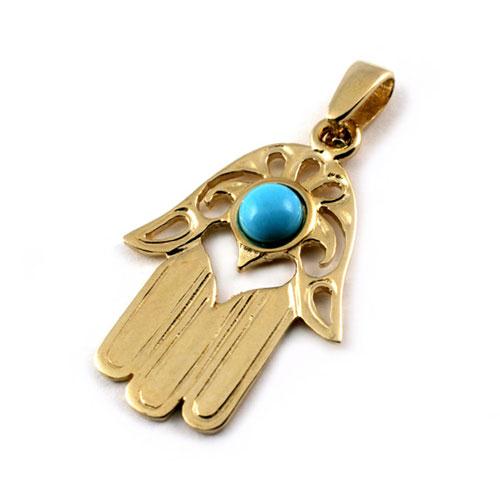 14k Gold Modern Turquoise Hamsa Pendant
