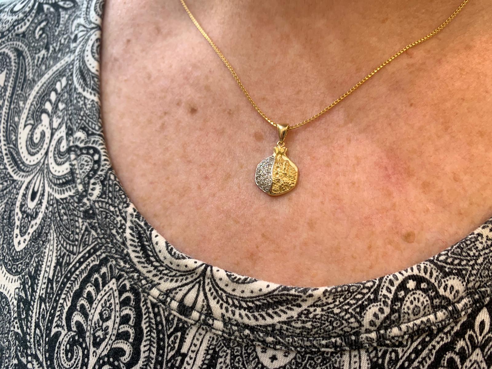 Pomegranate Pendant with Jerusalem Relief in 14K Gold & Diamonds