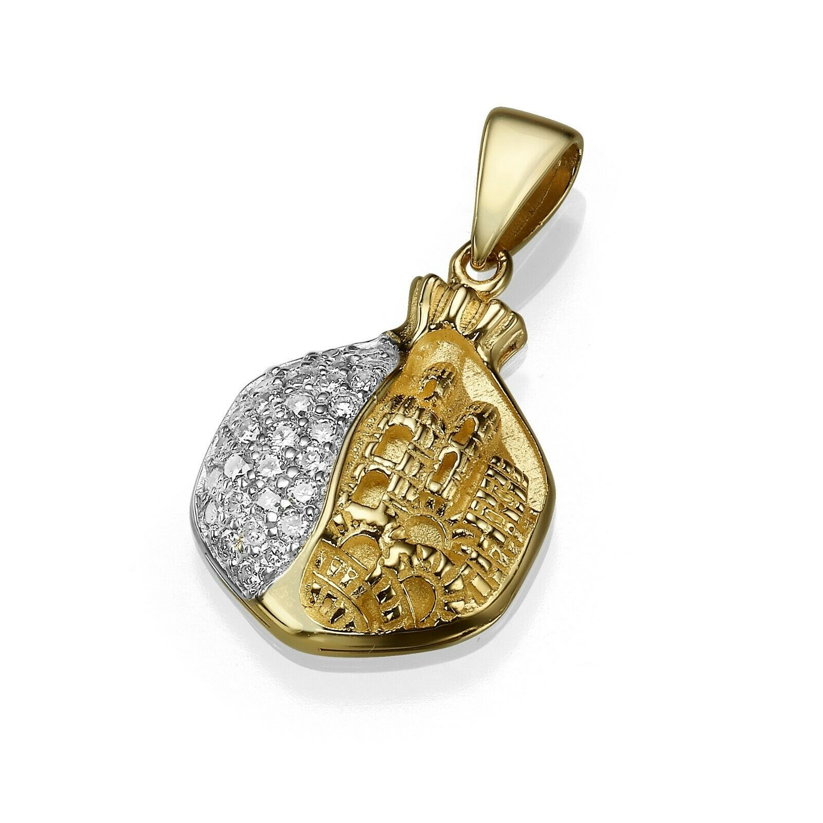 Pomegranate Pendant with Jerusalem Relief in 14K Gold & Diamonds