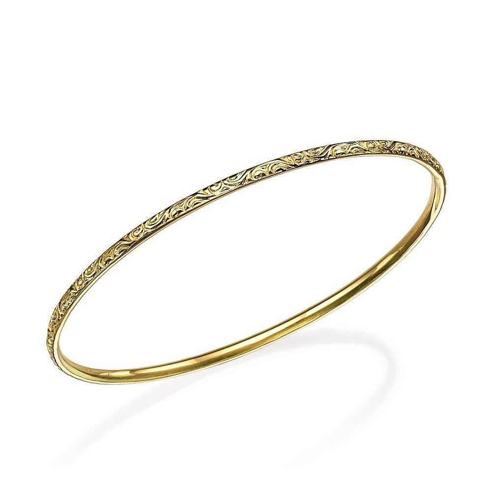 14K Gold Moroccan Bangle - Thin with Etched Design