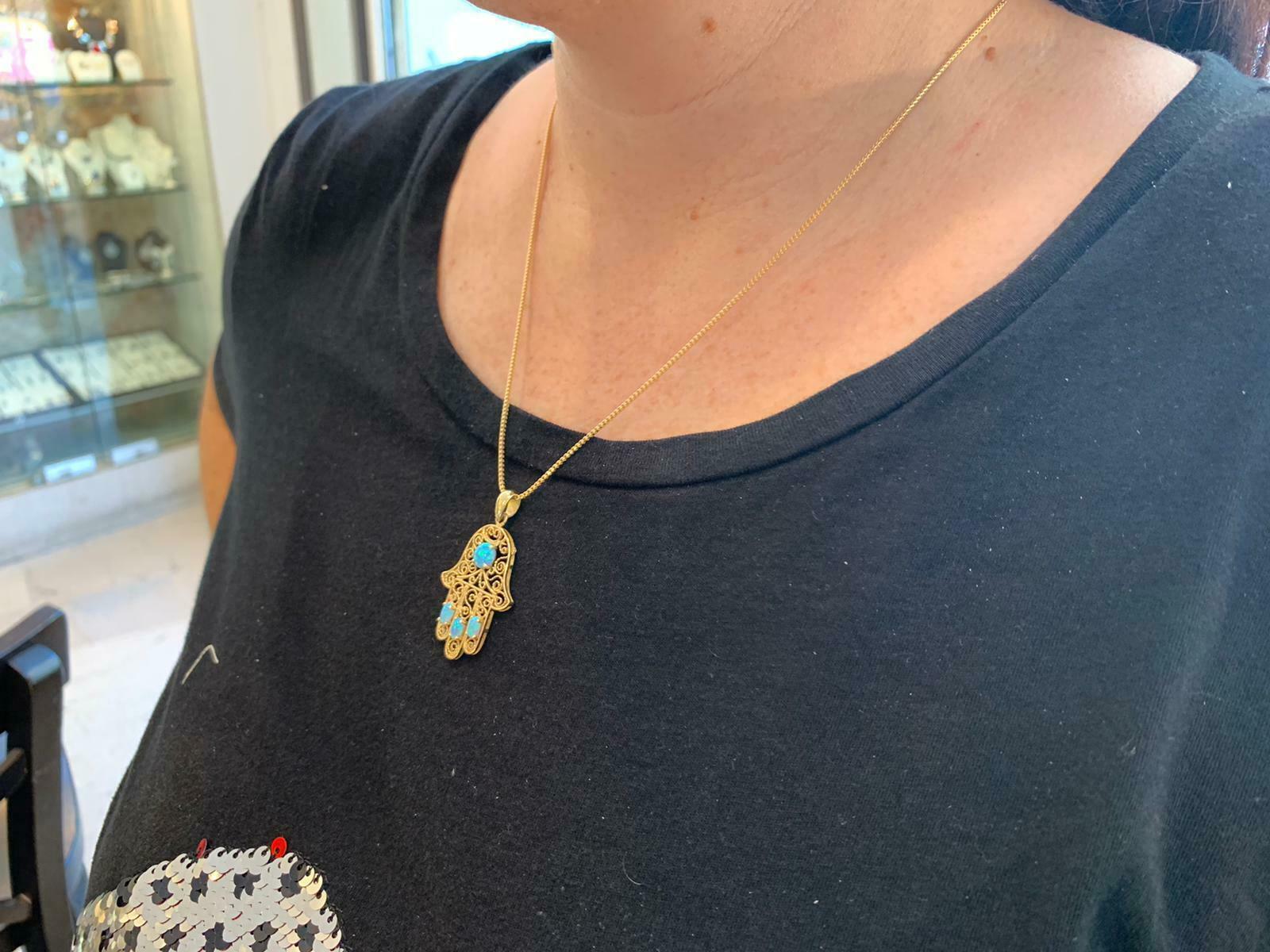 14k Gold Blue Opals Hamsa Pendant