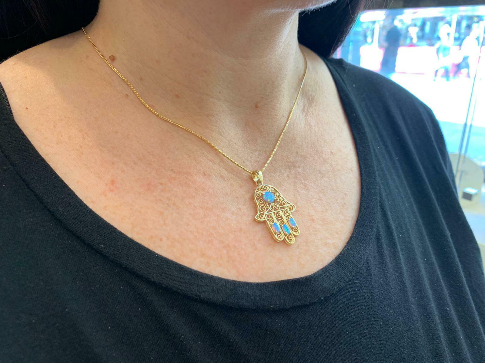 14k Gold Blue Opals Hamsa Pendant
