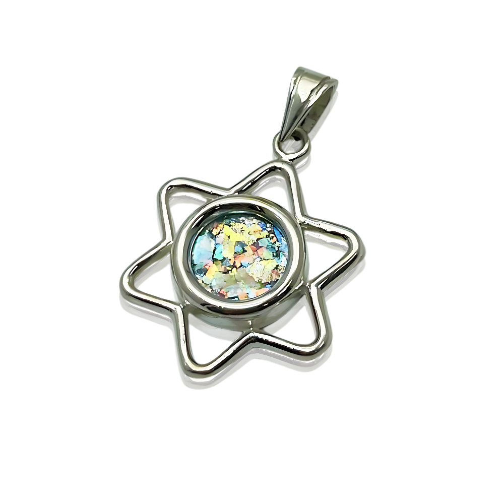 Sterling Silver Roman Glass Cutout Star of David Pendant