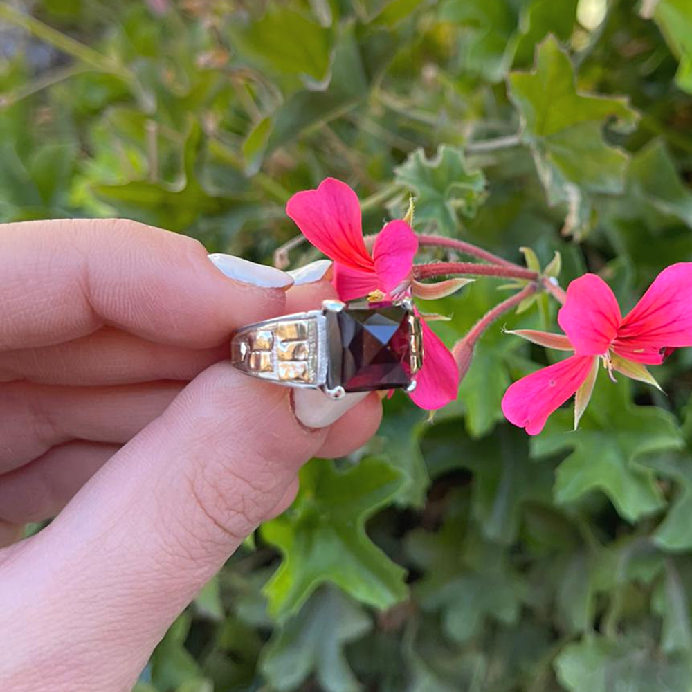 14K Yellow Gold and Silver Kabbalah Ring with Garnet Stone