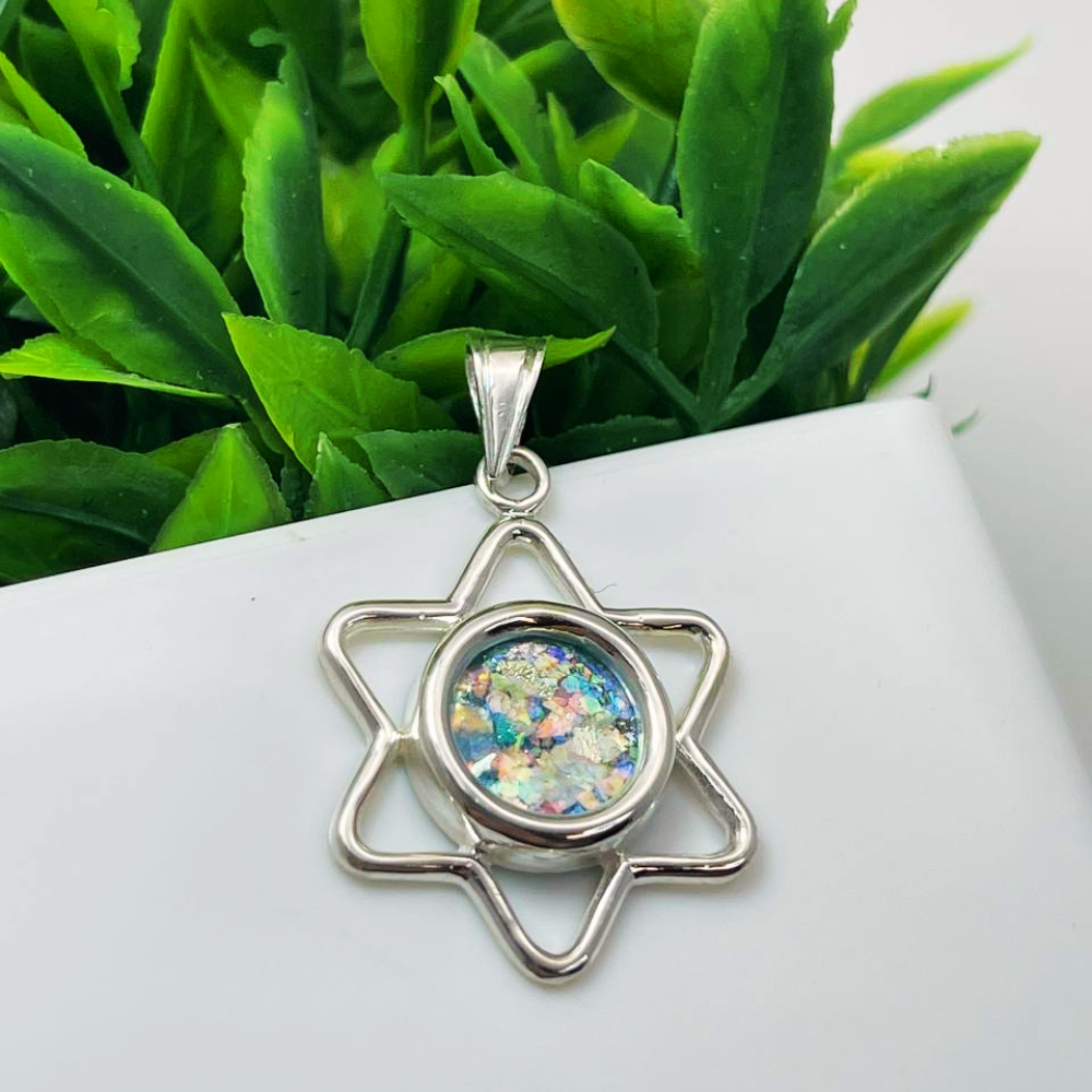 Sterling Silver Roman Glass Cutout Star of David Pendant