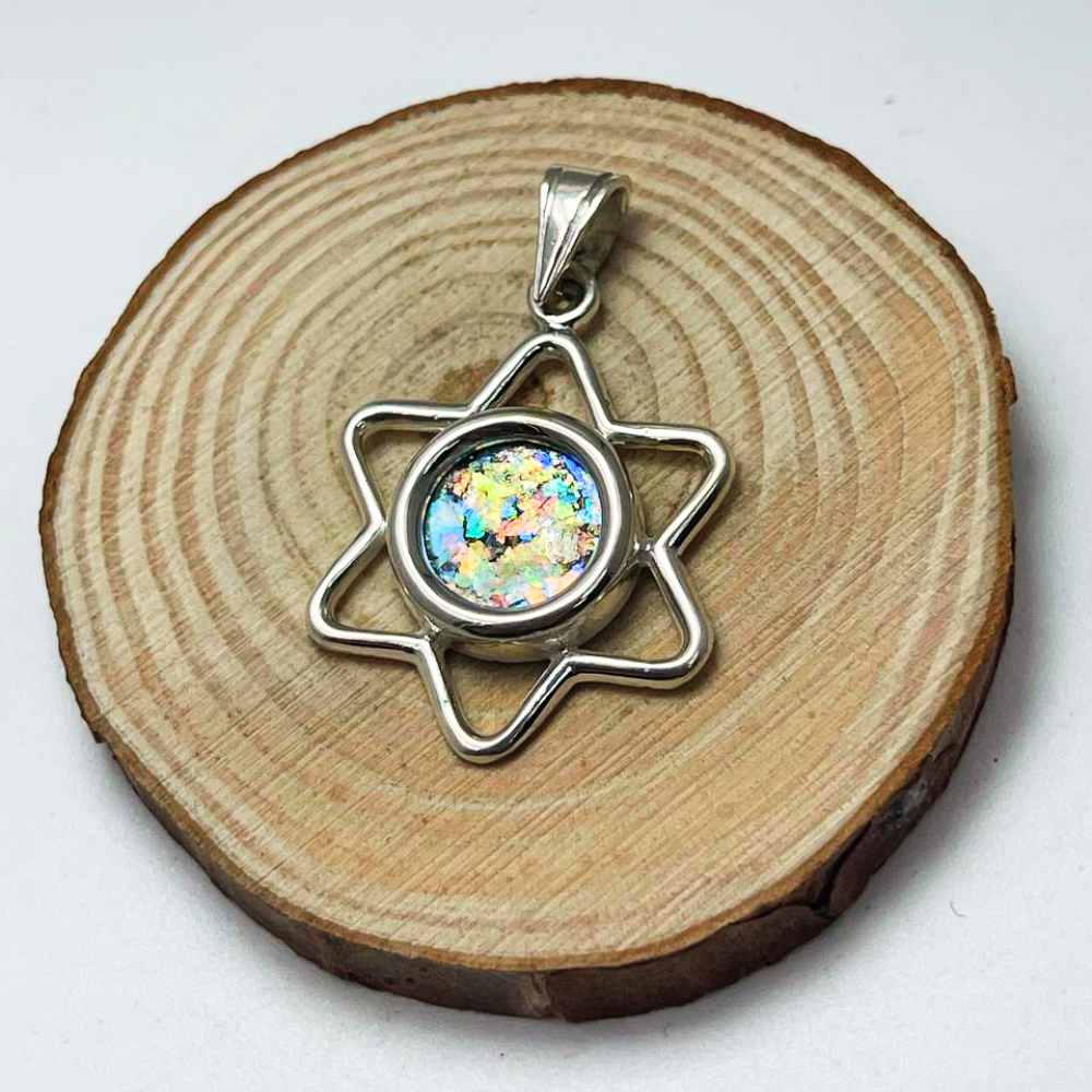 Sterling Silver Roman Glass Cutout Star of David Pendant