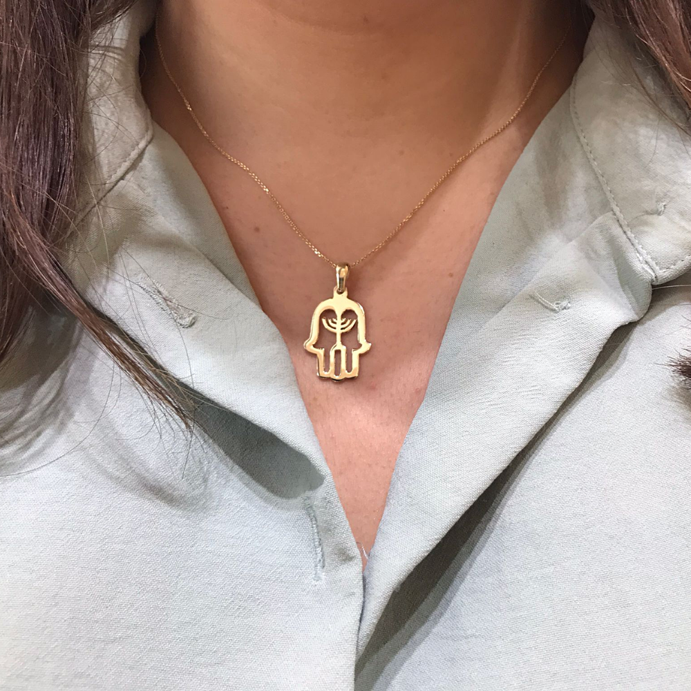 Hamsa Menorah 14k Yellow Gold Pendant