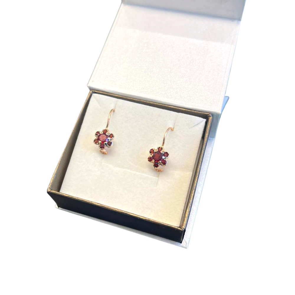 Flower Shaped Red Garnet 14k Rose Gold Earrings
