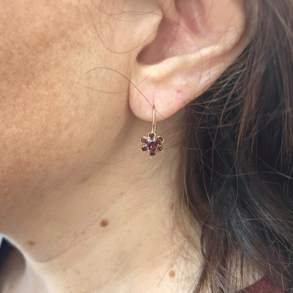 Flower Shaped Red Garnet 14k Rose Gold Earrings