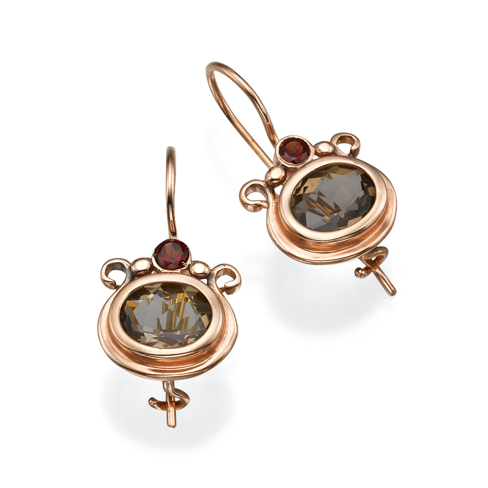 14k Rose Gold Smoky Topaz Garnets Pomegranate Hook Earrings