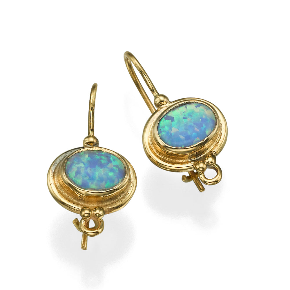 Blue Opal 14k Yellow Gold Hook Round Ethnic Oval Earrings