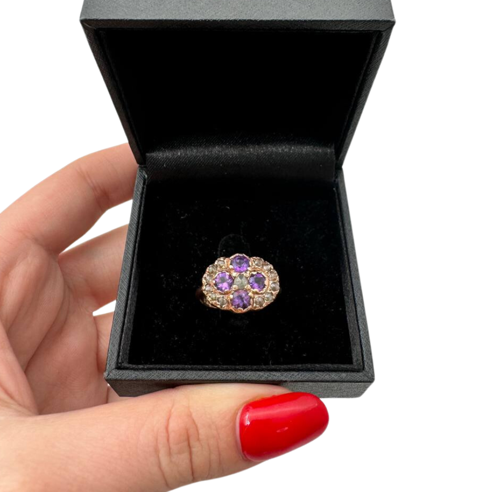 Vintage Style Amethyst and Old Cut Diamonds 14k Gold Ring