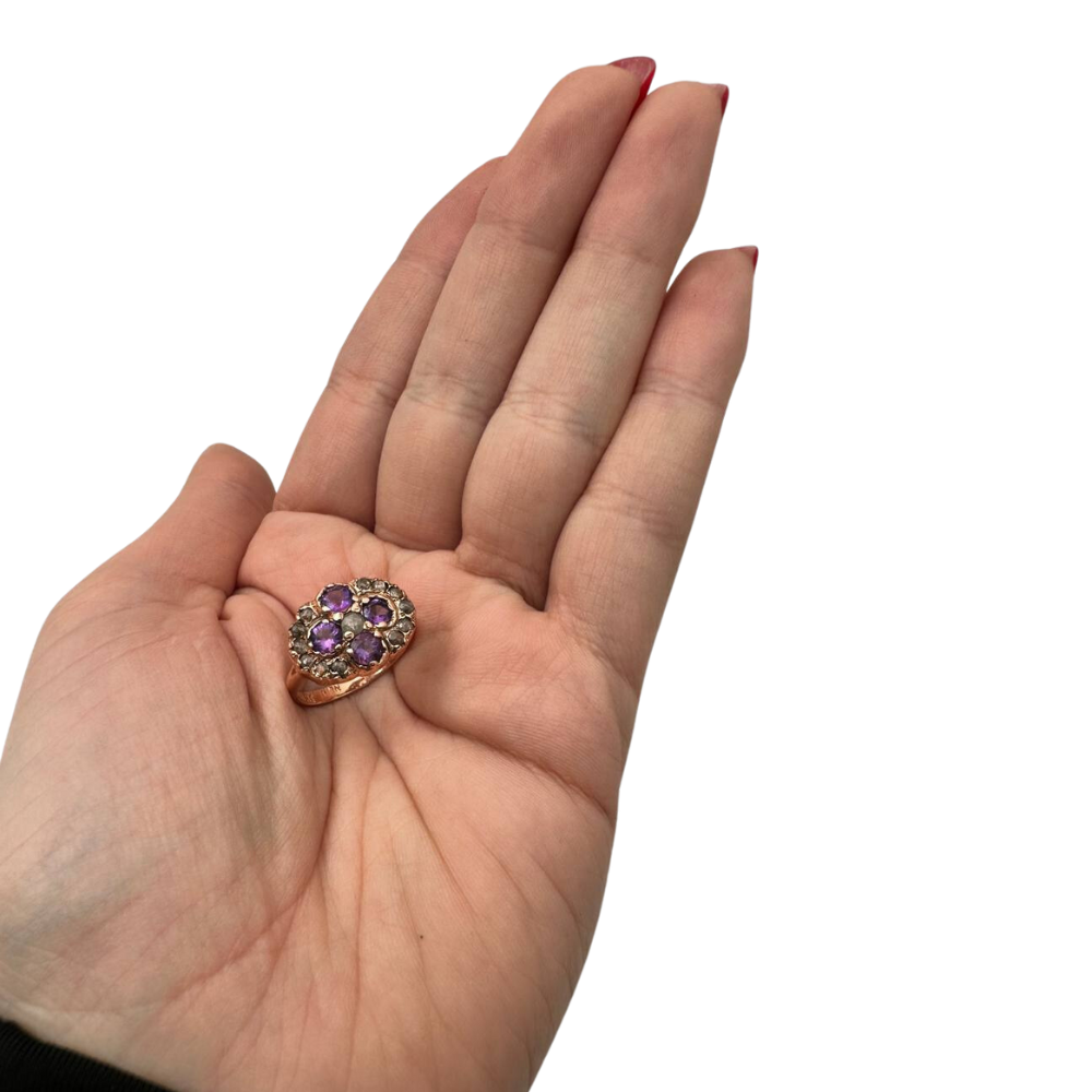 Vintage Style Amethyst and Old Cut Diamonds 14k Gold Ring