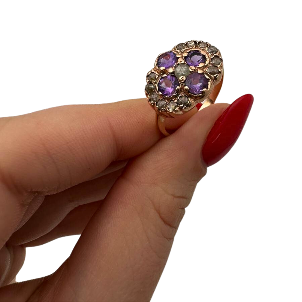 Vintage Style Amethyst and Old Cut Diamonds 14k Gold Ring