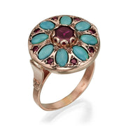 14K Rose Gold Vintage Style Ring with Turquoise and Garnet
