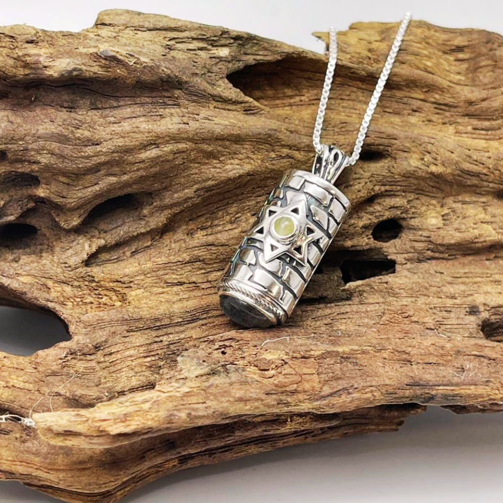 Sterling Silver Star of David Mezuzah Pendant Necklace with Garnet and Chrysoberyl Stones