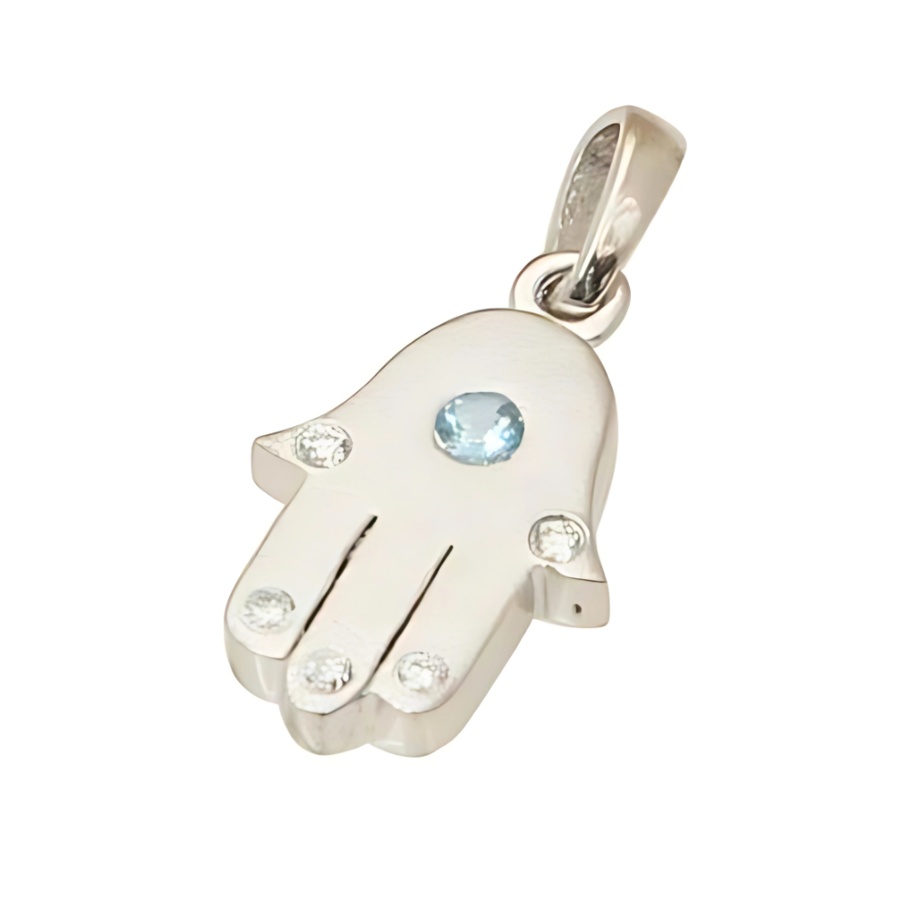 Mini Hamsa Pendant in 14K White Gold Blue Topaz and Diamonds