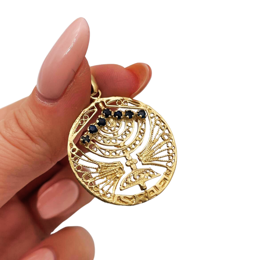 14k Gold Round Menorah Pendant Reversible Ruby and Sapphire