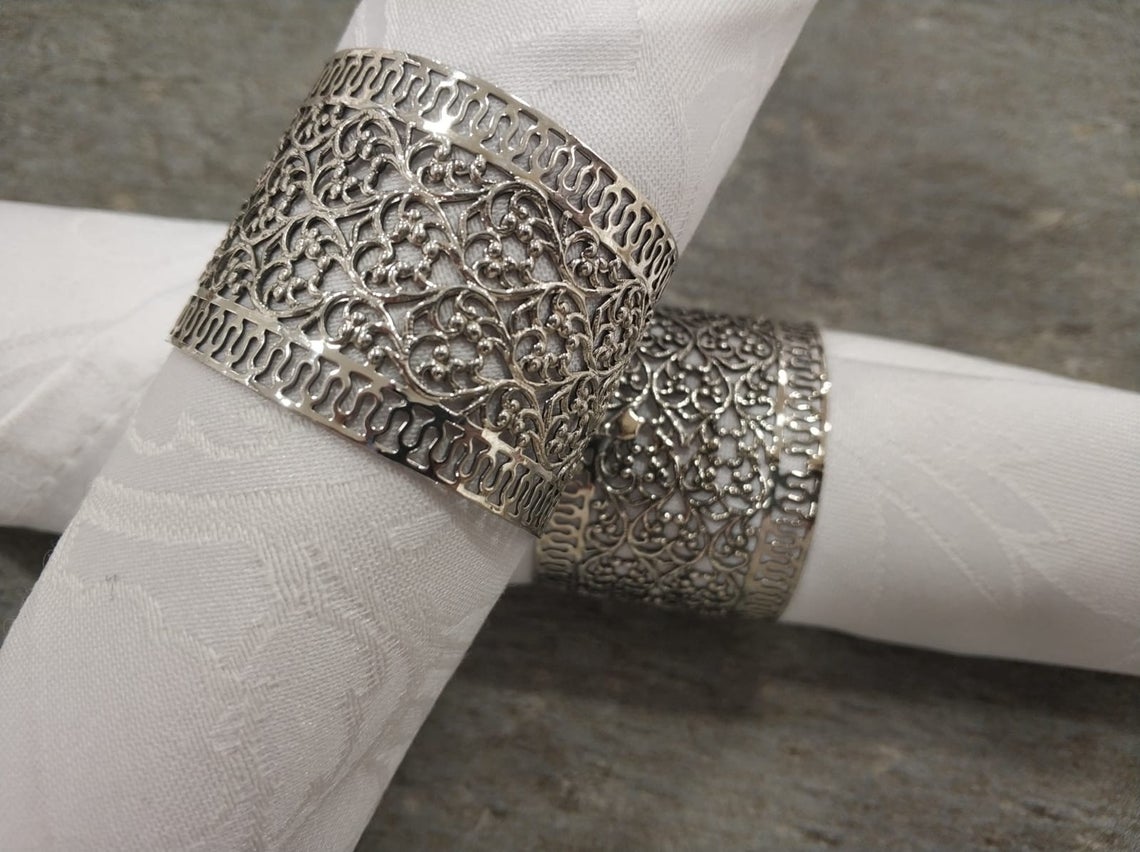 Personalized Silver Napkin Rings with Filigree