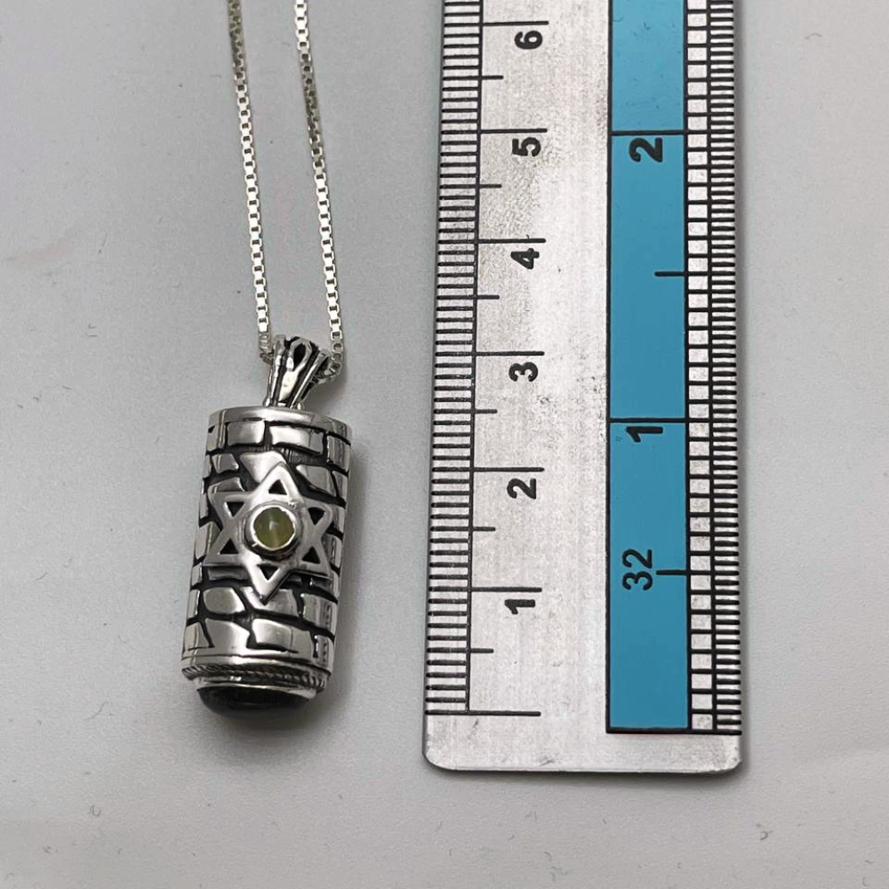 Sterling Silver Star of David Mezuzah Pendant Necklace with Garnet and Chrysoberyl Stones