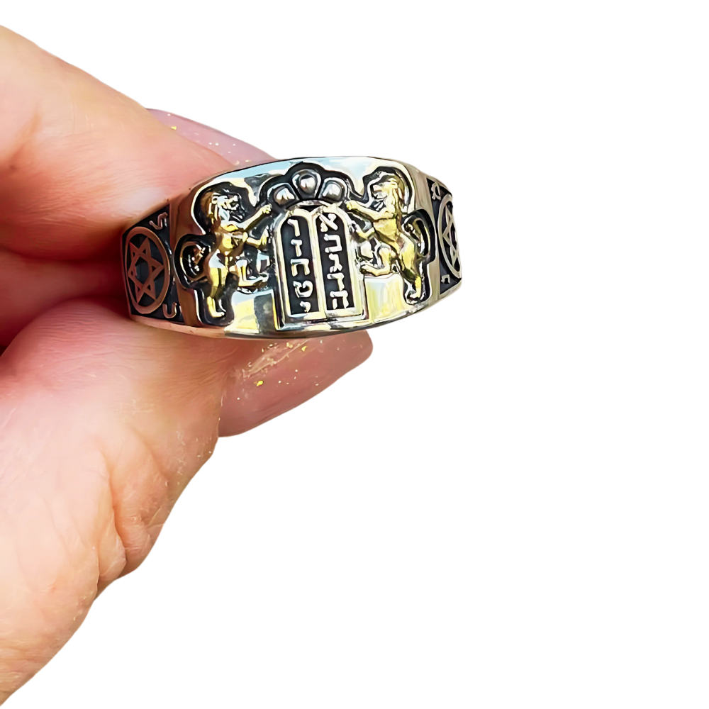 Lion of Judah Ten Commandments Star of David Jewish Ring in Silver and 14K Gold
