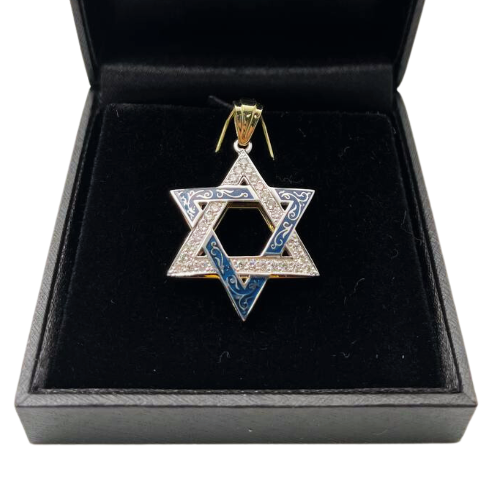 Star of David Pendant - 14K Yellow & White Gold with Blue Enamel Diamond-Studded