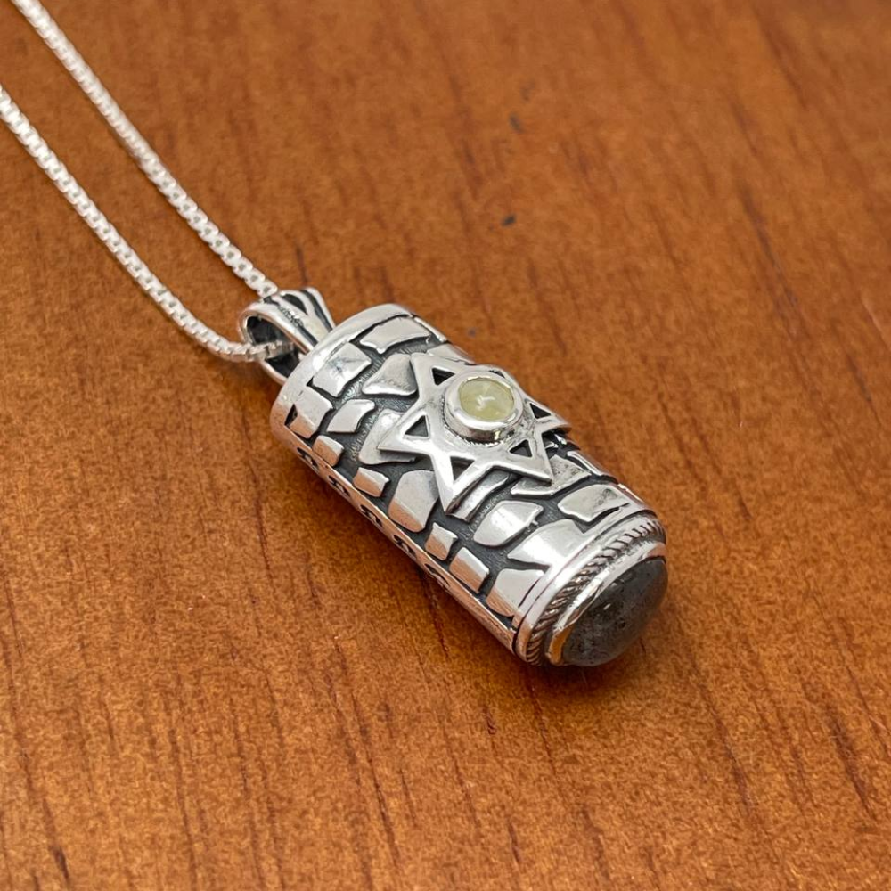 Sterling Silver Star of David Mezuzah Pendant Necklace with Garnet and Chrysoberyl Stones