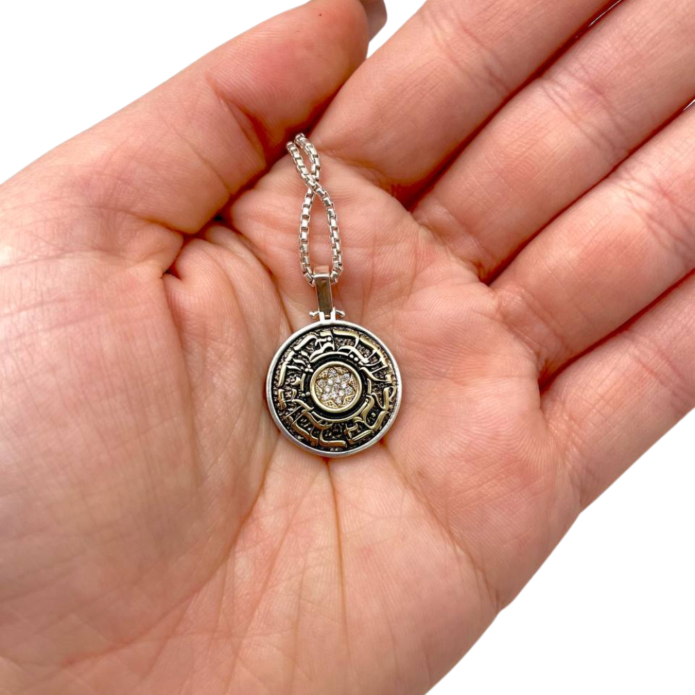 This Too Shall Pass Hebrew Necklace in Silver & Gold with Diamonds