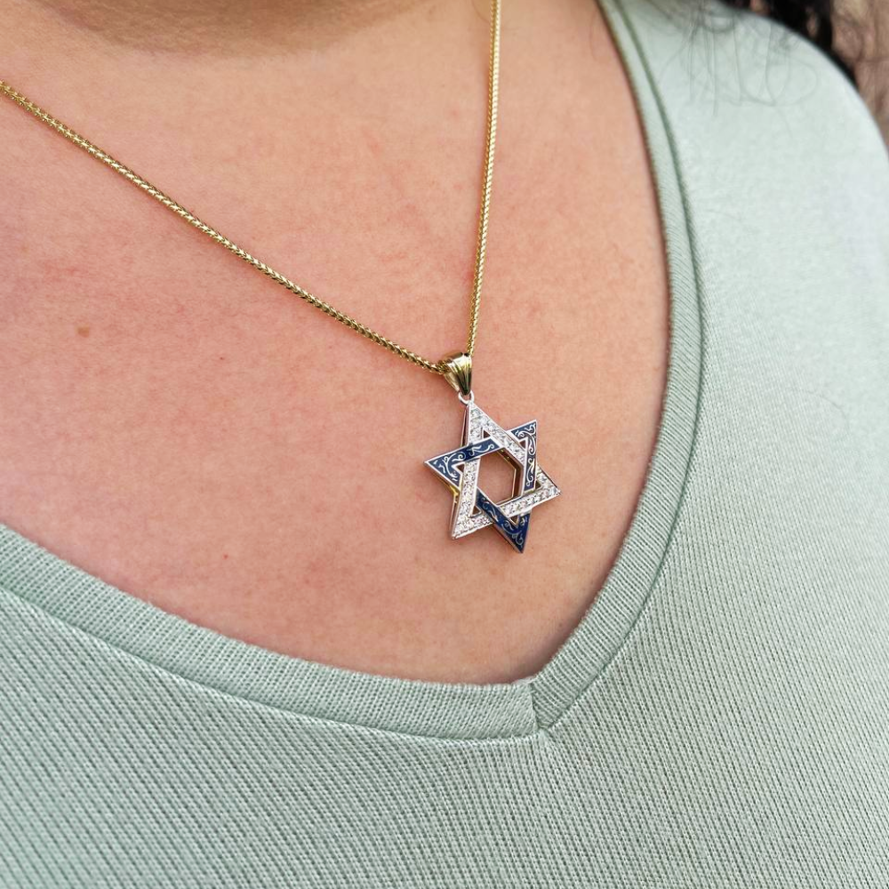 Star of David Pendant - 14K Yellow & White Gold with Blue Enamel Diamond-Studded