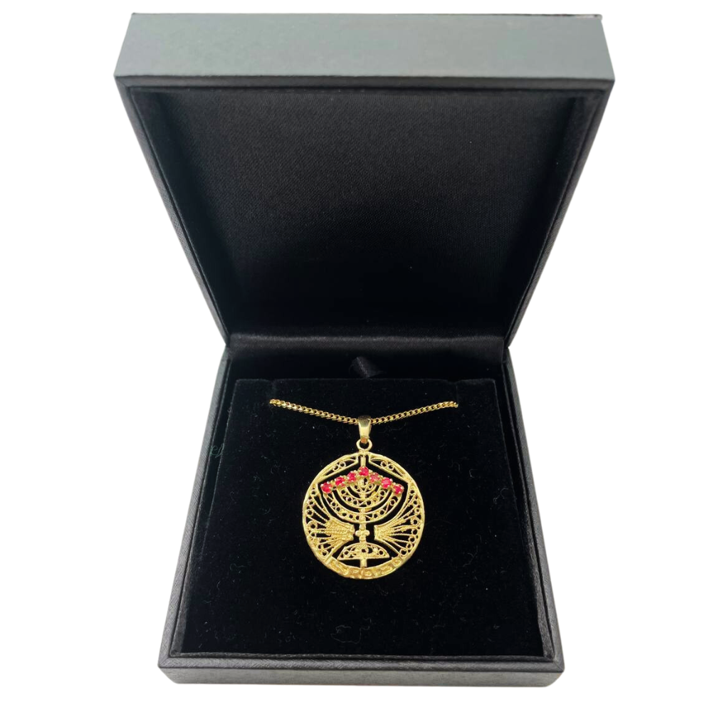 14k Gold Round Menorah Pendant Reversible Ruby and Sapphire